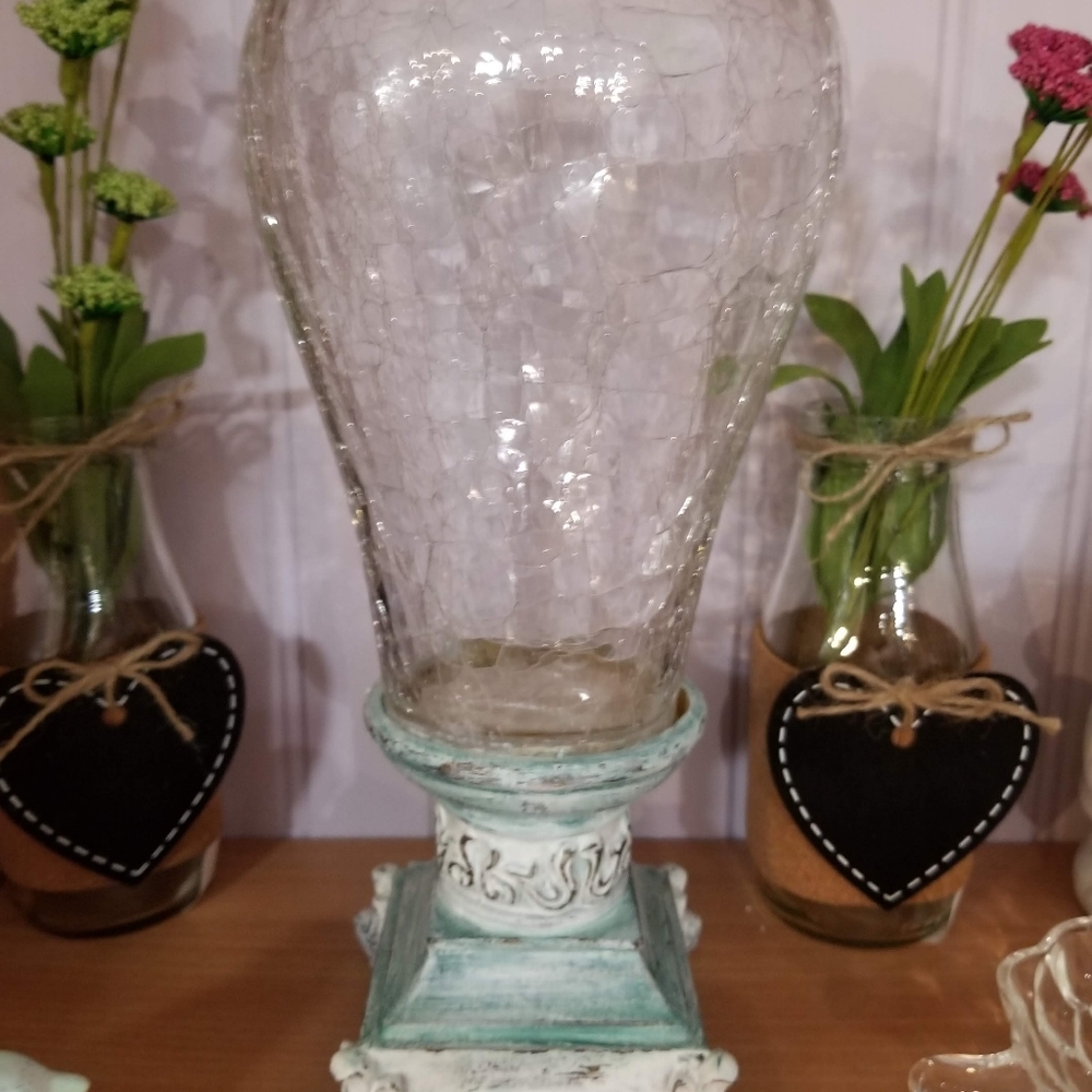 Crackel glass hurricane candle holder